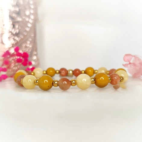 Bracelet procrastination en pierre de soleil, calcite orange, jaspe mokaite