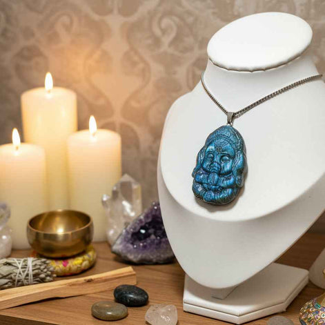 Collier Ganesh en labradorite bleu, argenté ou doré