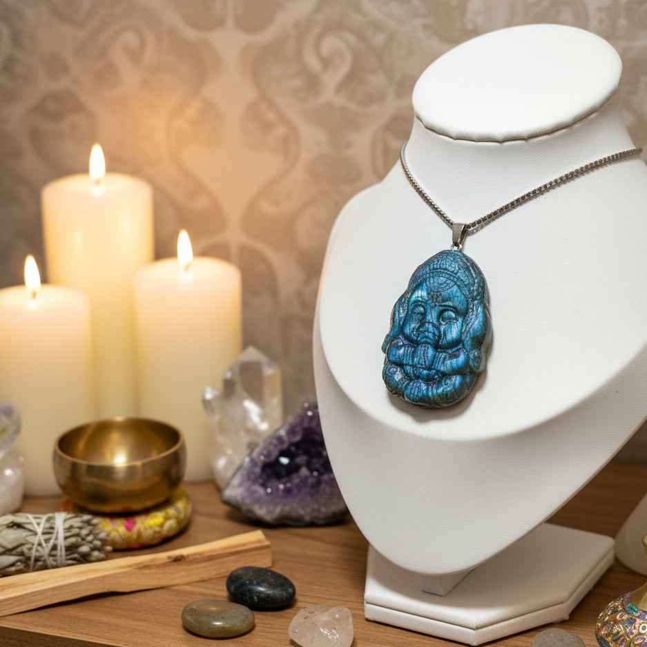 Collier Ganesh en labradorite bleu, argenté ou doré
