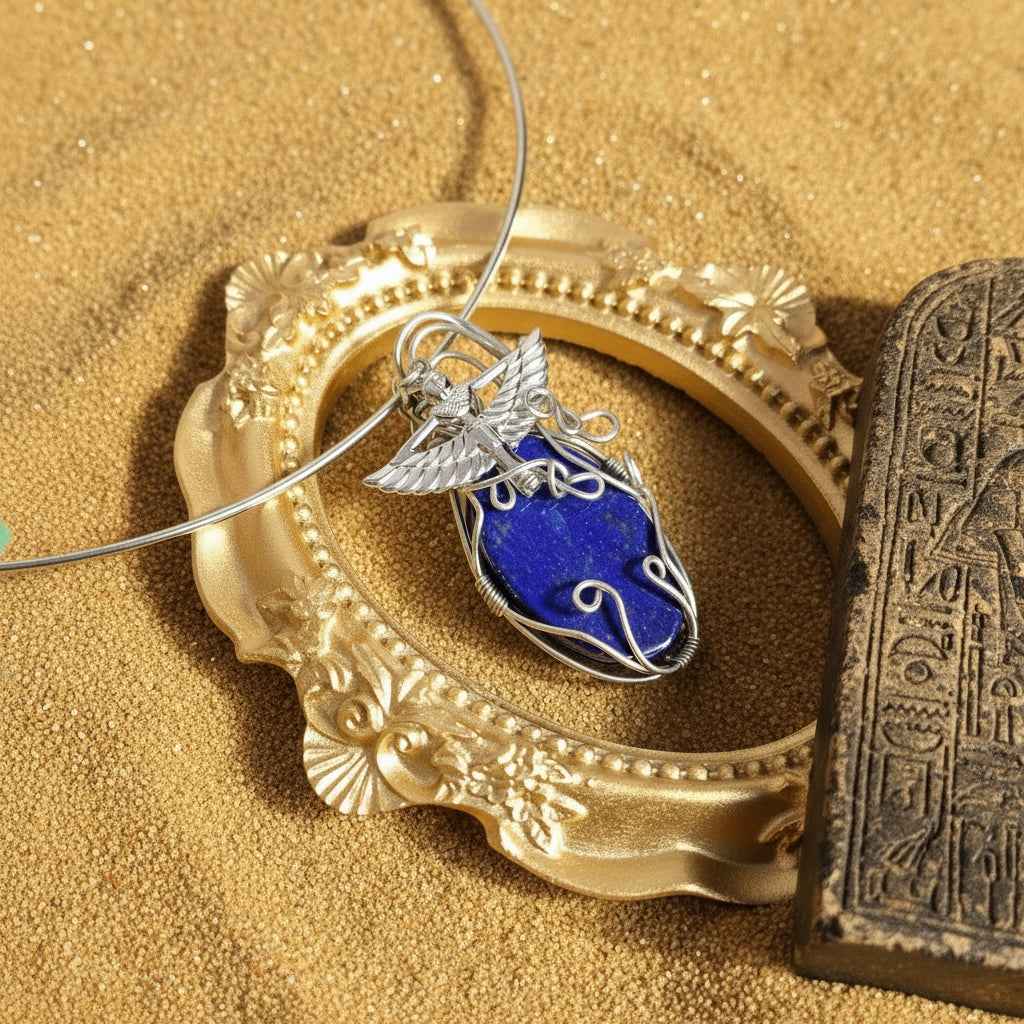 Torque Isis argenté en lapis lazuli extra sertie de cuivre