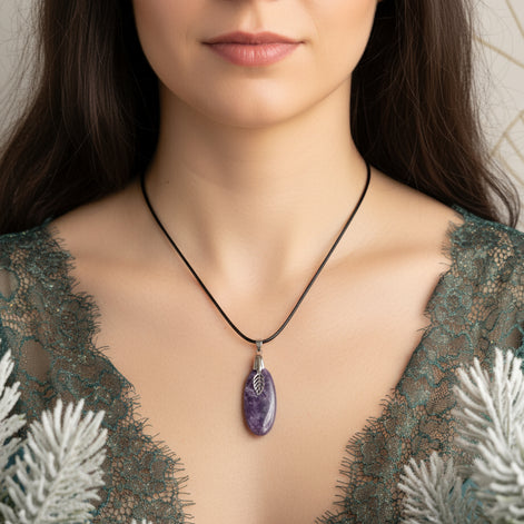 lépidolite sur collier noir argenté