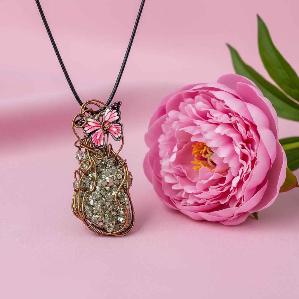 Collier et Pendentif en Pyrite sertie et papillon