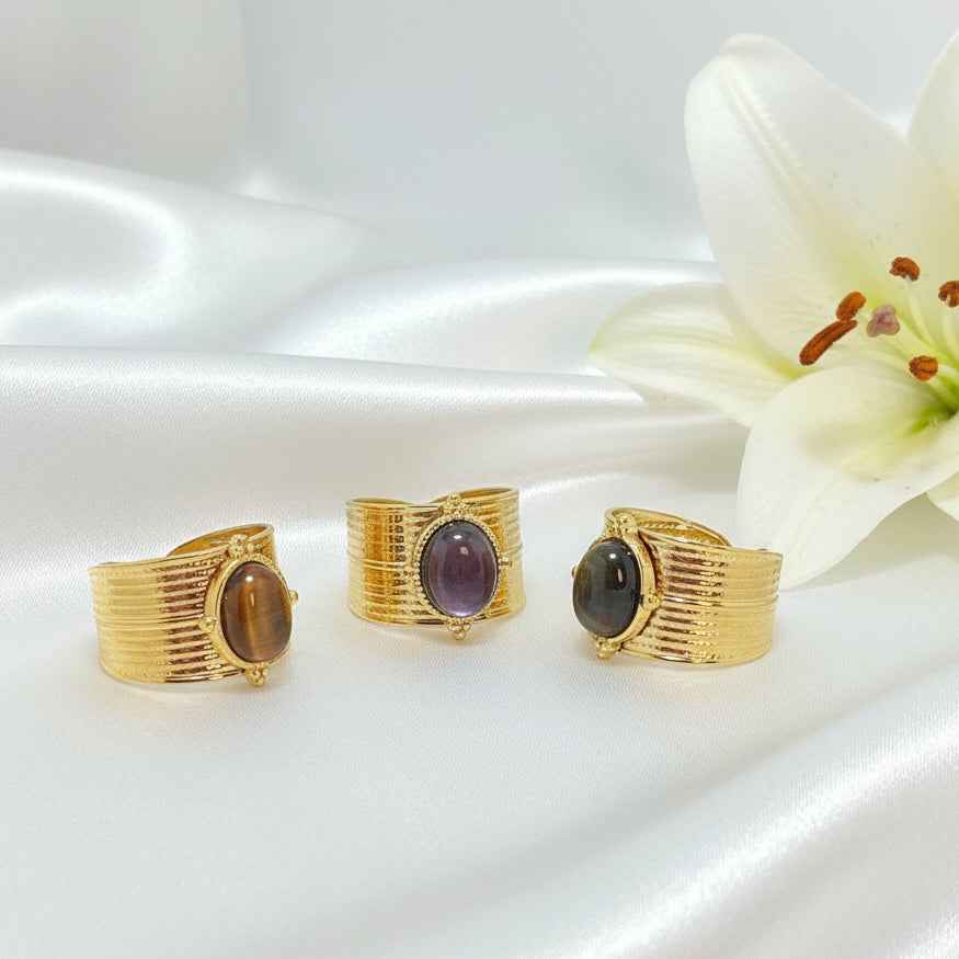 Bague ajustable en oeil de tigre et acier inoxydable