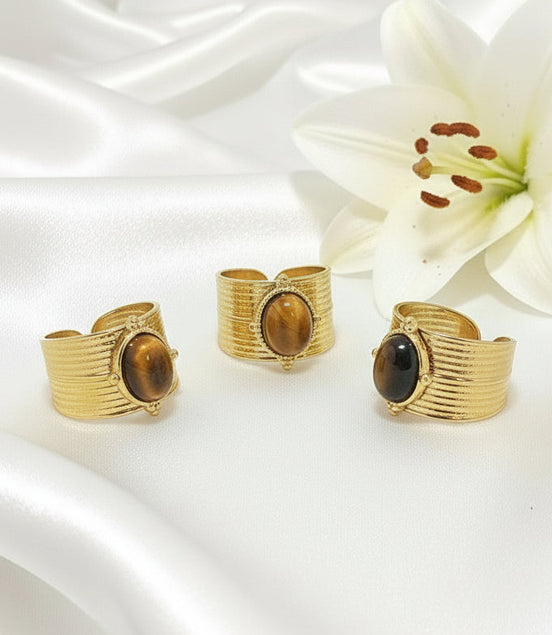 Bague ajustable en oeil de tigre et acier inoxydable