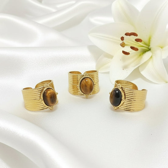 Bague ajustable en oeil de tigre et acier inoxydable