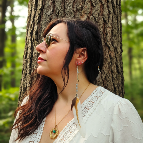 Boucle longue en Plumes sacrées, aventurine ou labradorite