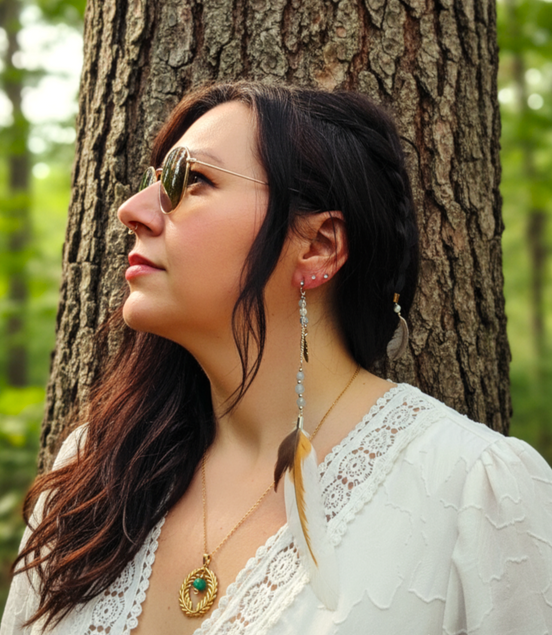 Boucle longue en Plumes sacrées, aventurine ou labradorite