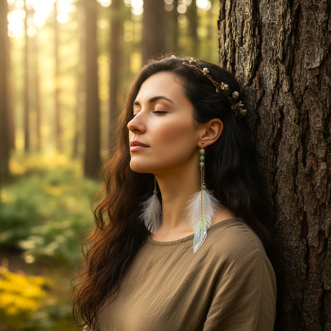 Boucle longue en Plumes sacrées, aventurine ou labradorite