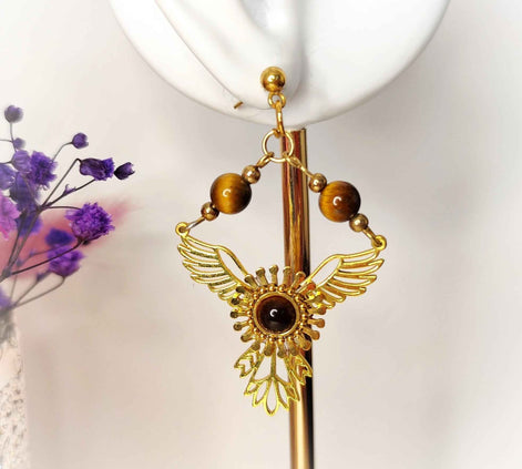 Boucles d'oreilles phénix doré en oeil de tigre