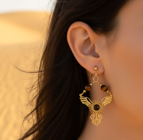 Boucles d'oreilles phénix doré en oeil de tigre
