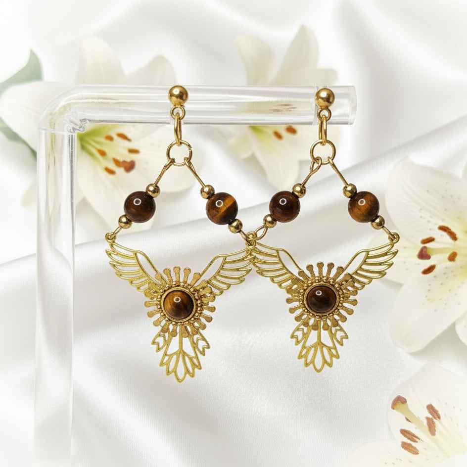 Boucles d'oreilles phénix doré en oeil de tigre