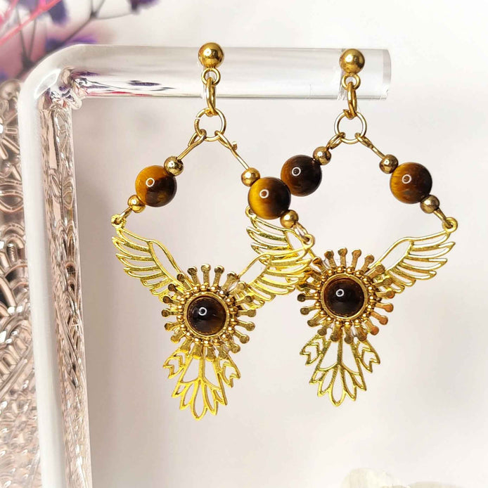 Boucles d'oreilles phénix doré en oeil de tigre