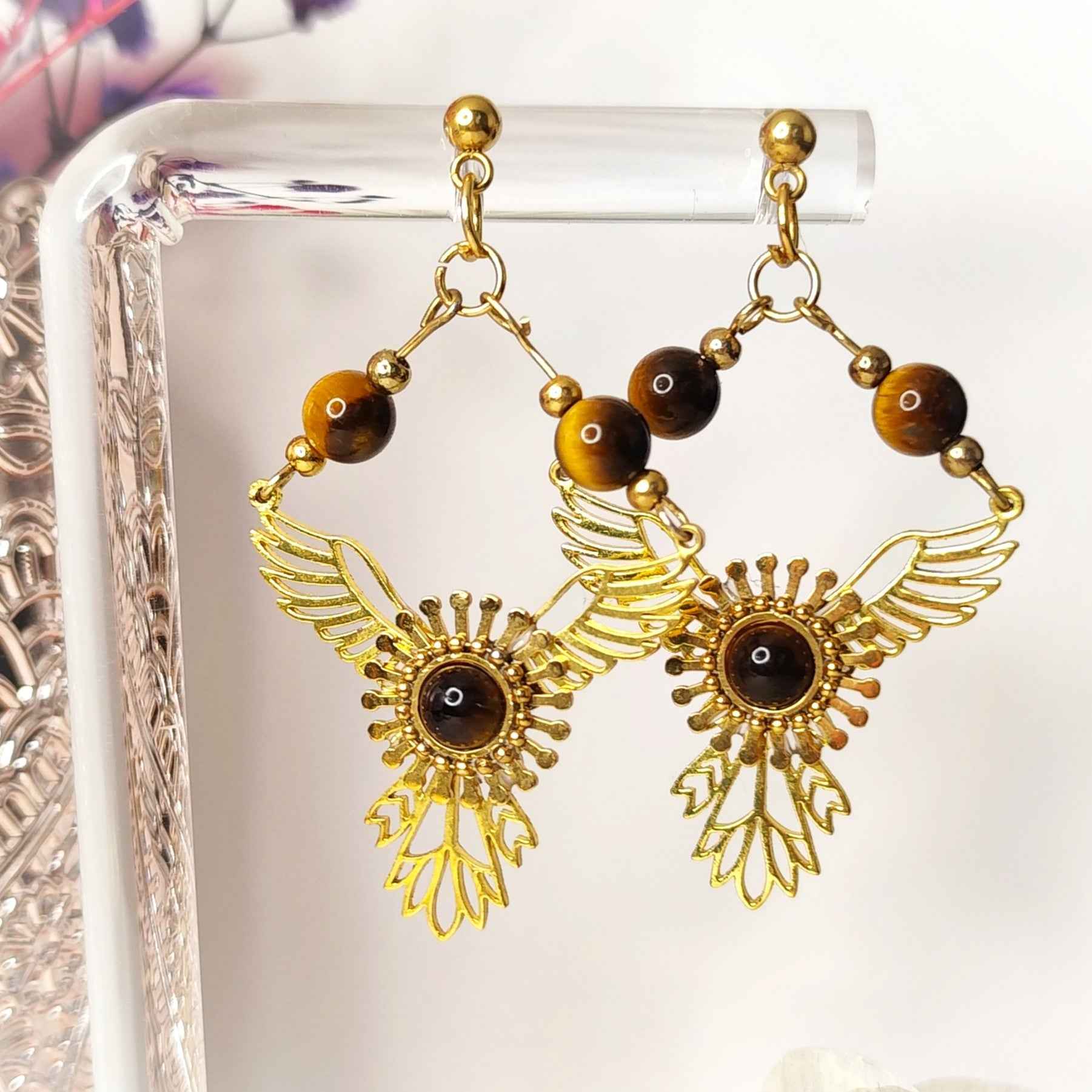 Boucles d'oreilles phénix doré en oeil de tigre