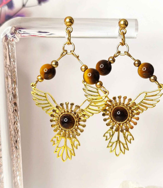 Boucles d'oreilles phénix doré en oeil de tigre