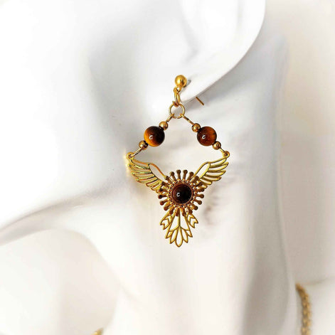 Boucles d'oreilles phénix doré en oeil de tigre