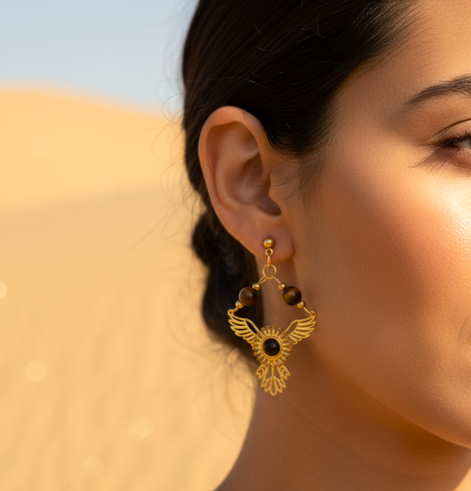 Boucles d'oreilles phénix doré en oeil de tigre