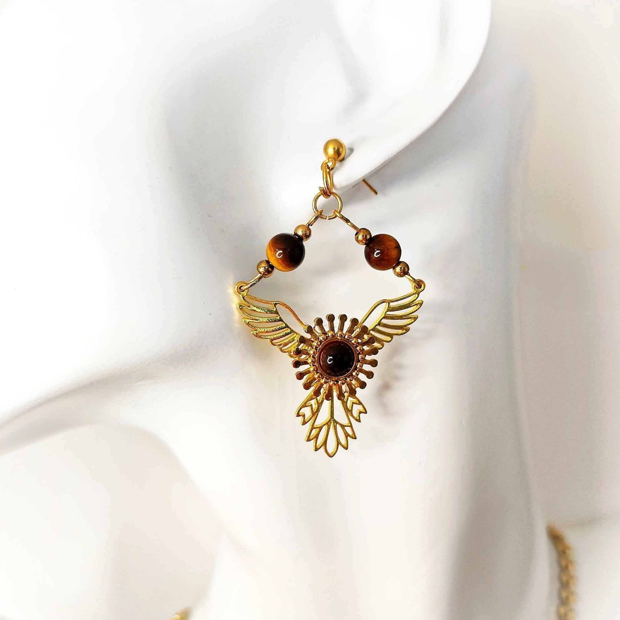 Boucles d'oreilles phénix doré en oeil de tigre