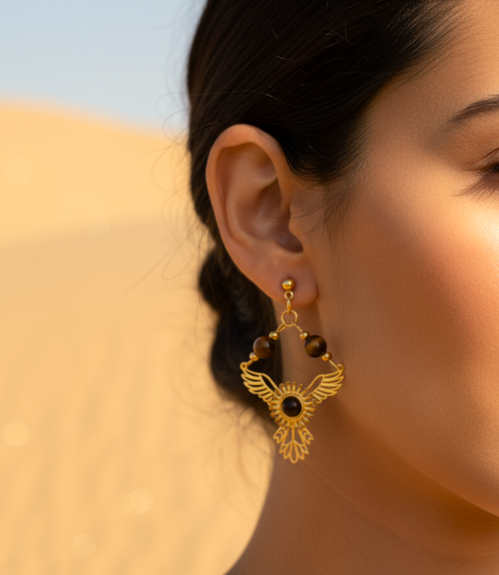 Boucles d'oreilles phénix doré en oeil de tigre