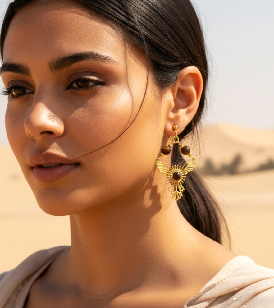 Boucles d'oreilles phénix doré en oeil de tigre