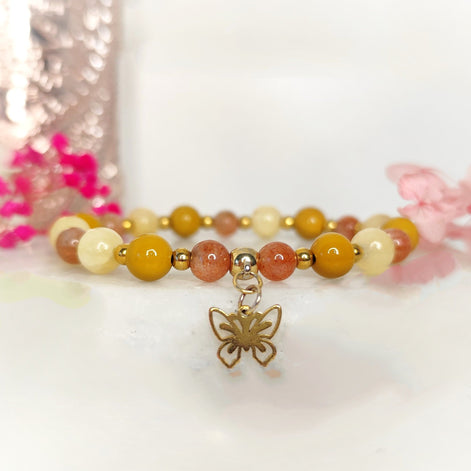 Bracelet procrastination en pierre de soleil, calcite orange, jaspe mokaite