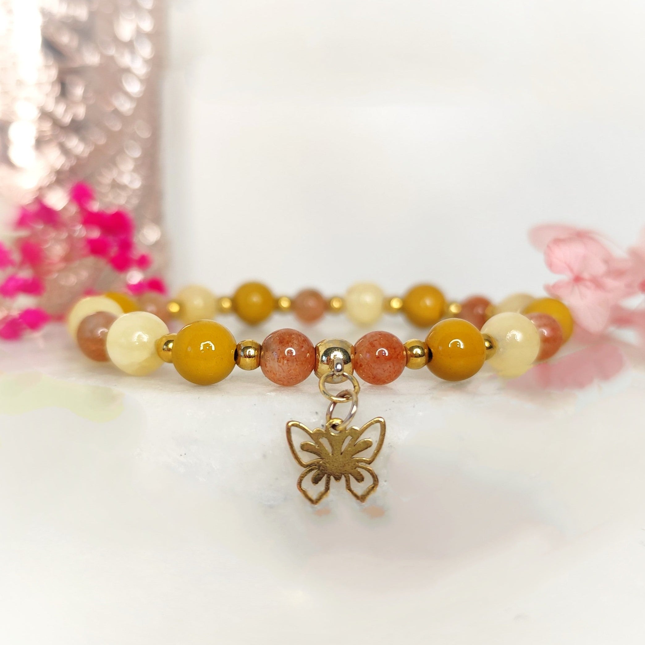 Bracelet procrastination en pierre de soleil, calcite orange, jaspe mokaite