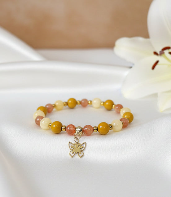 Bracelet procrastination en pierre de soleil, calcite orange, jaspe mokaite