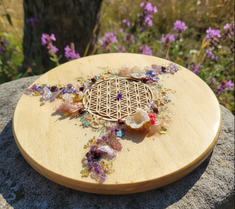 Plateau fleur de vie cristallin en pierre et résine 40 cm