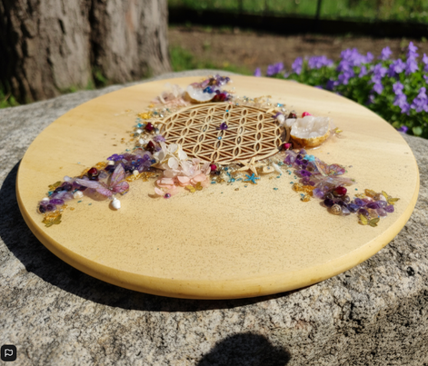 Plateau fleur de vie cristallin en pierre et résine 40 cm