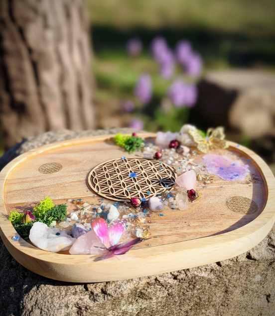 Plateau en bois fleur de vie sacrée, pierre et résine