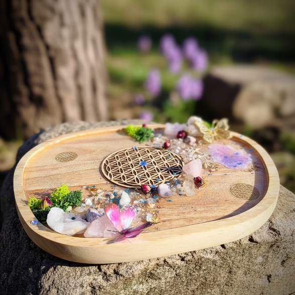 Plateau en bois fleur de vie sacrée, pierre et résine