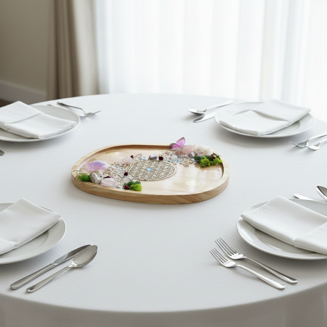 Plateau en bois fleur de vie sacrée, pierre et résine