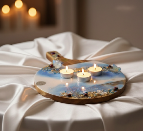 Planche en bois et en quartz, décoration océan féerique en résine