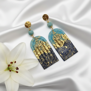 Boucles d’oreilles bleu et or, amazonite, unalome et polymère