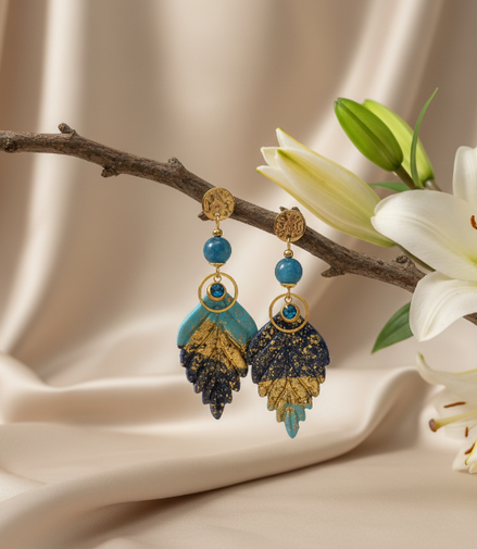 Boucles d’oreilles en apatite bleue, polymère, acier inoxydable doré