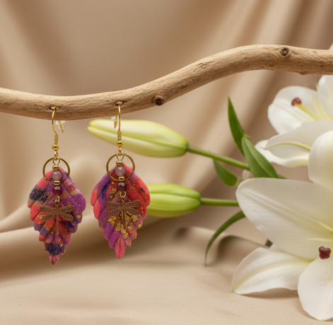 Boucles d’oreilles dorées Tourmaline rose et Libellule