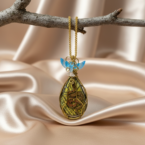Sautoir doré et labradorite, sertie de cuivre, serpent et phénix.