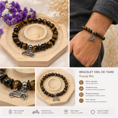 Kit Bracelet de protection en Pierre Œil de Tigre et moto