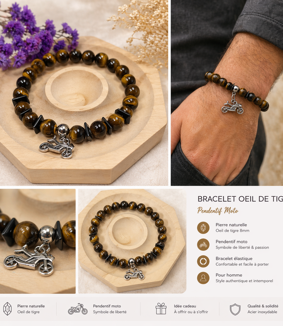 Kit Bracelet de protection en Pierre Œil de Tigre et moto