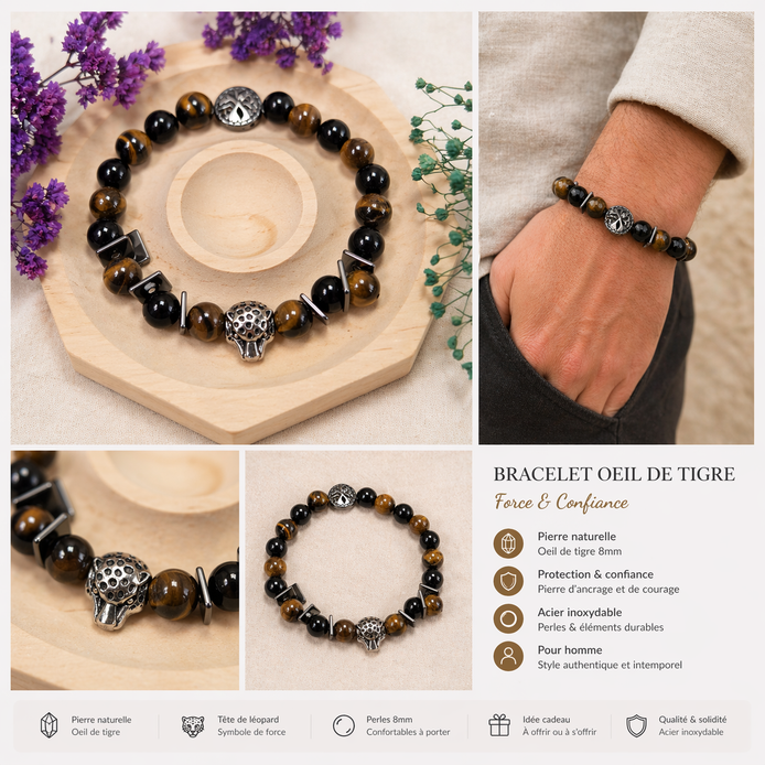 Kit Bracelet de protection en Pierre Œil de Tigre et onyx, arbre de vie et tigre