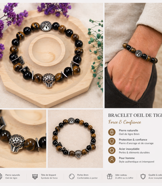 Kit Bracelet de protection en Pierre Œil de Tigre et onyx, arbre de vie et tigre