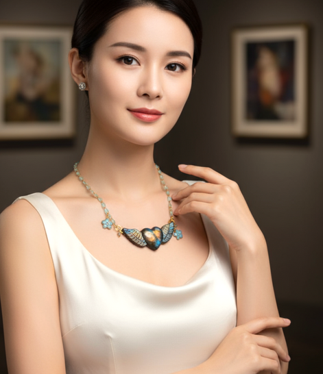 Collier turquoise doré coeur en labradorite xxl