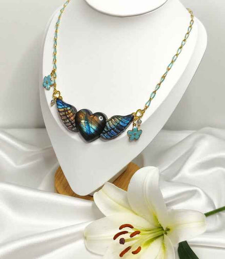 Collier turquoise doré coeur en labradorite xxl