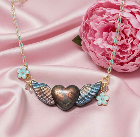 Collier turquoise doré coeur en labradorite xxl