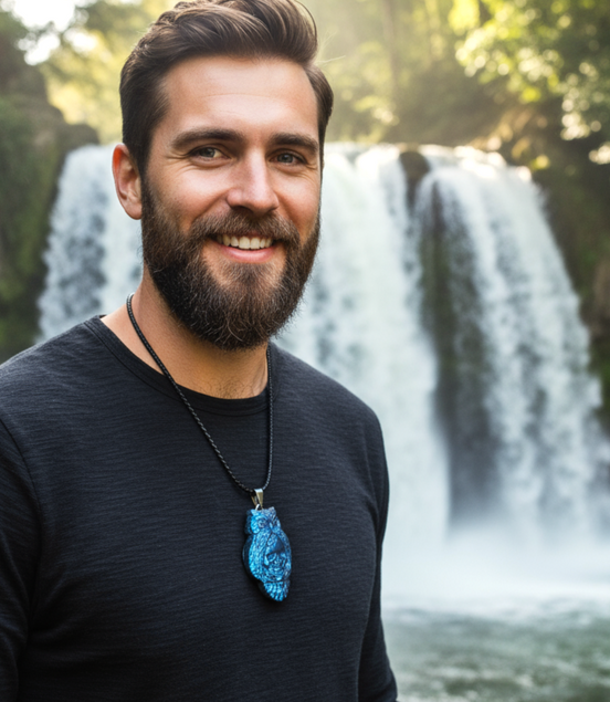 Collier hibou tête de mort en labradorite bleu