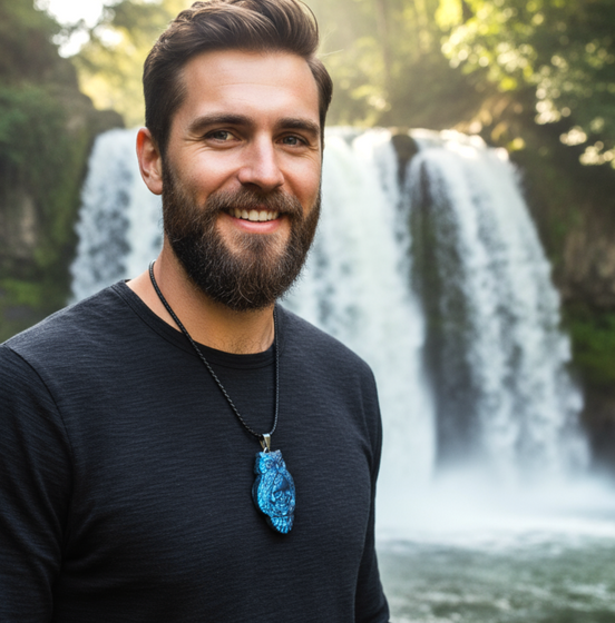 Collier hibou tête de mort en labradorite bleu