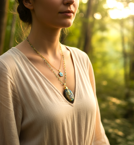 Collier Double doré turquoise et labradorite