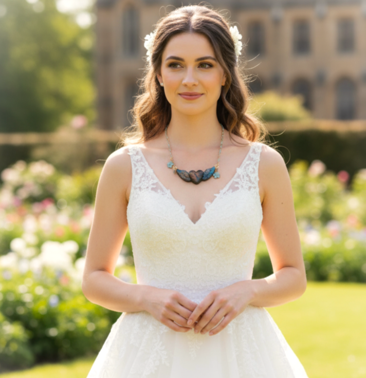 Collier turquoise doré coeur en labradorite xxl