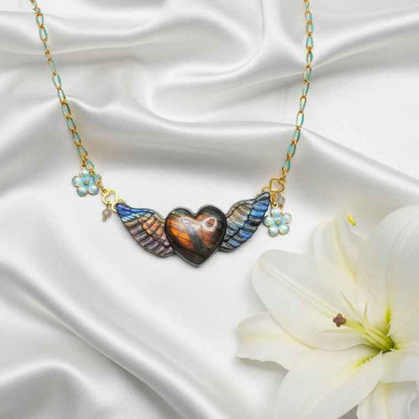 Collier turquoise doré coeur en labradorite xxl