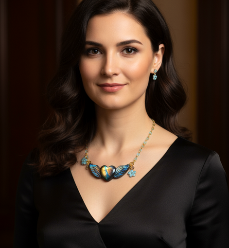 Collier turquoise doré coeur en labradorite xxl