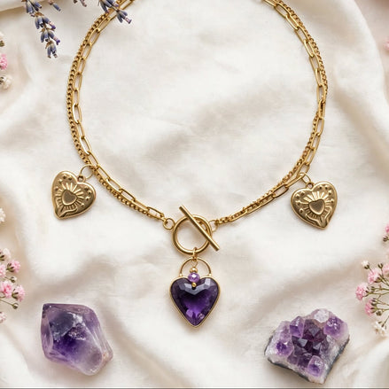 Collier cœur doré en améthyste – Tour de cou en acier inoxydable
